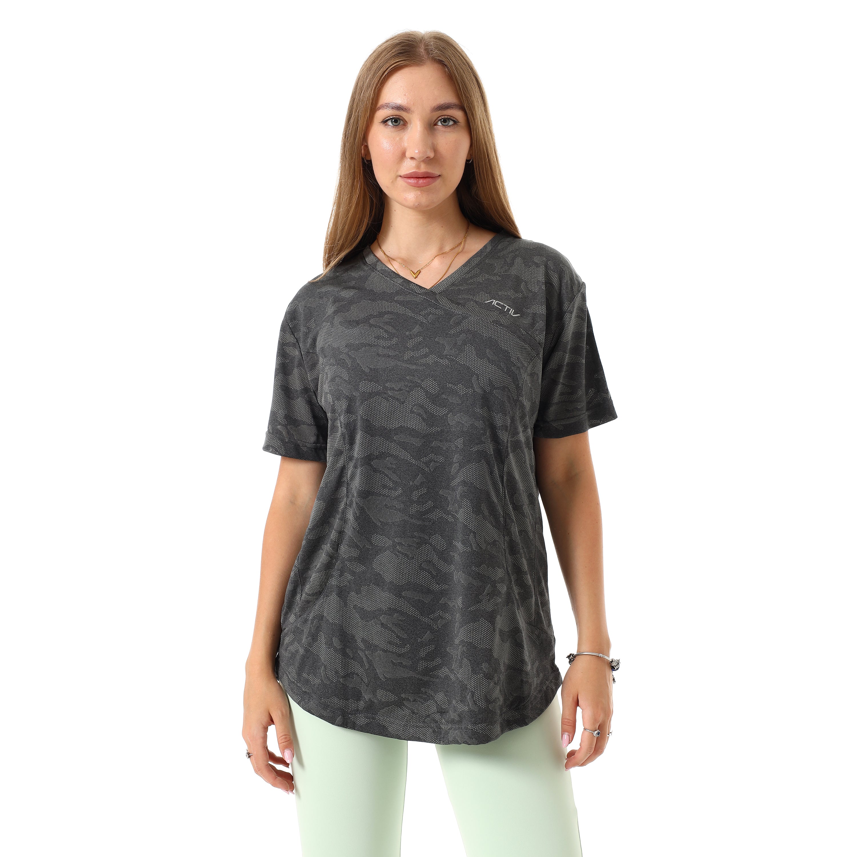 CAMO V-NECK CURVED-HEM T-SHIRT - GREY
