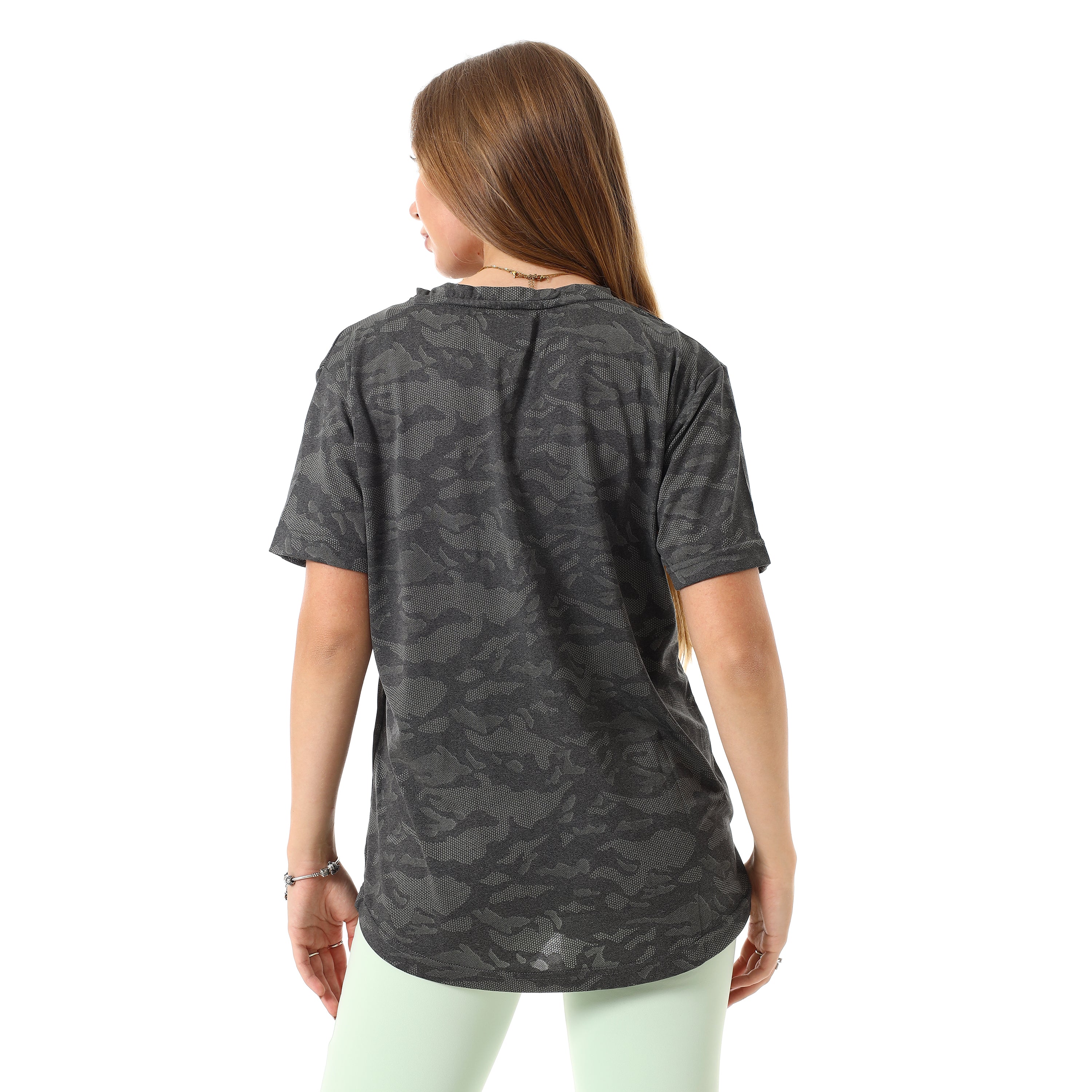 CAMO V-NECK CURVED-HEM T-SHIRT - GREY
