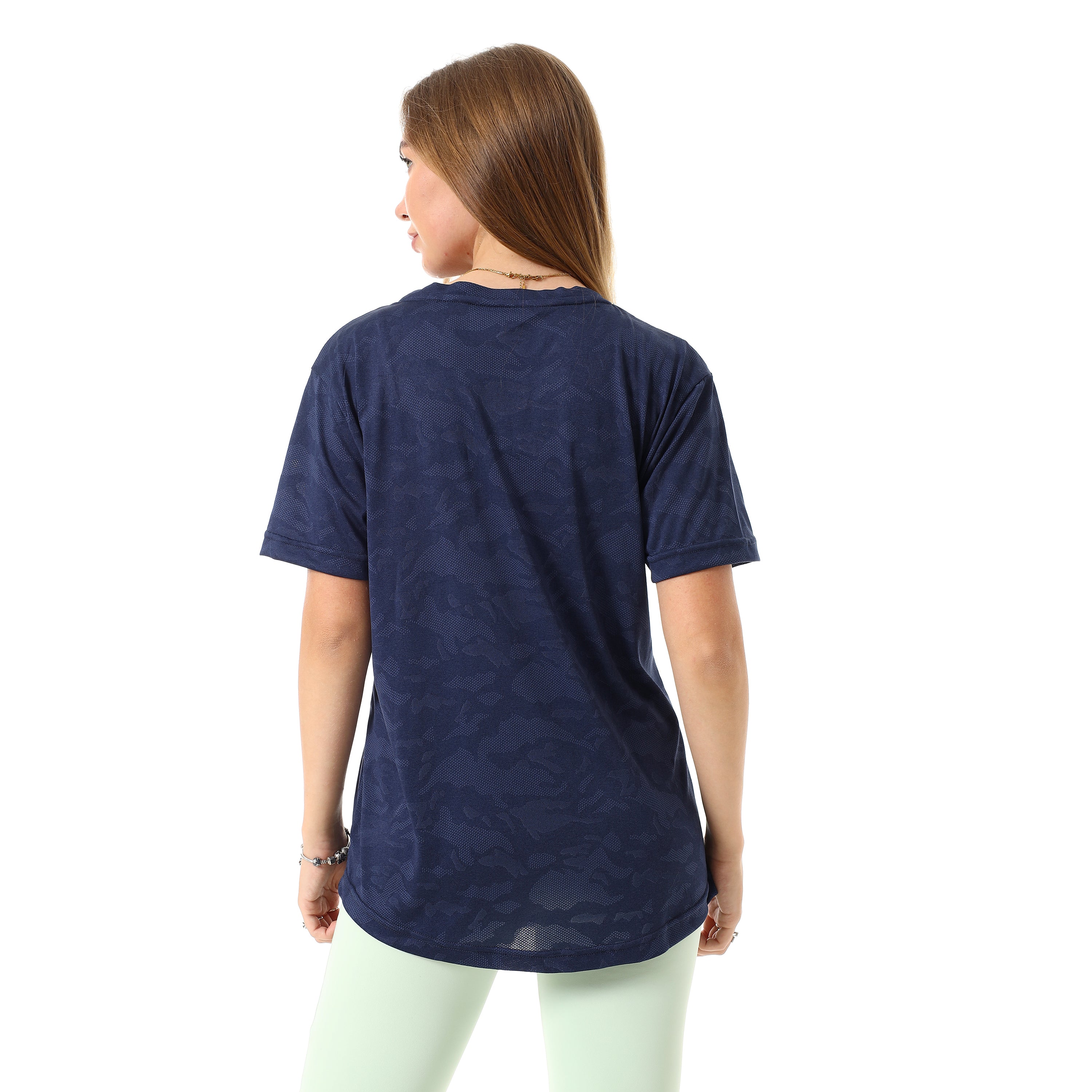 CAMO V-NECK CURVED-HEM T-SHIRT - BLUE