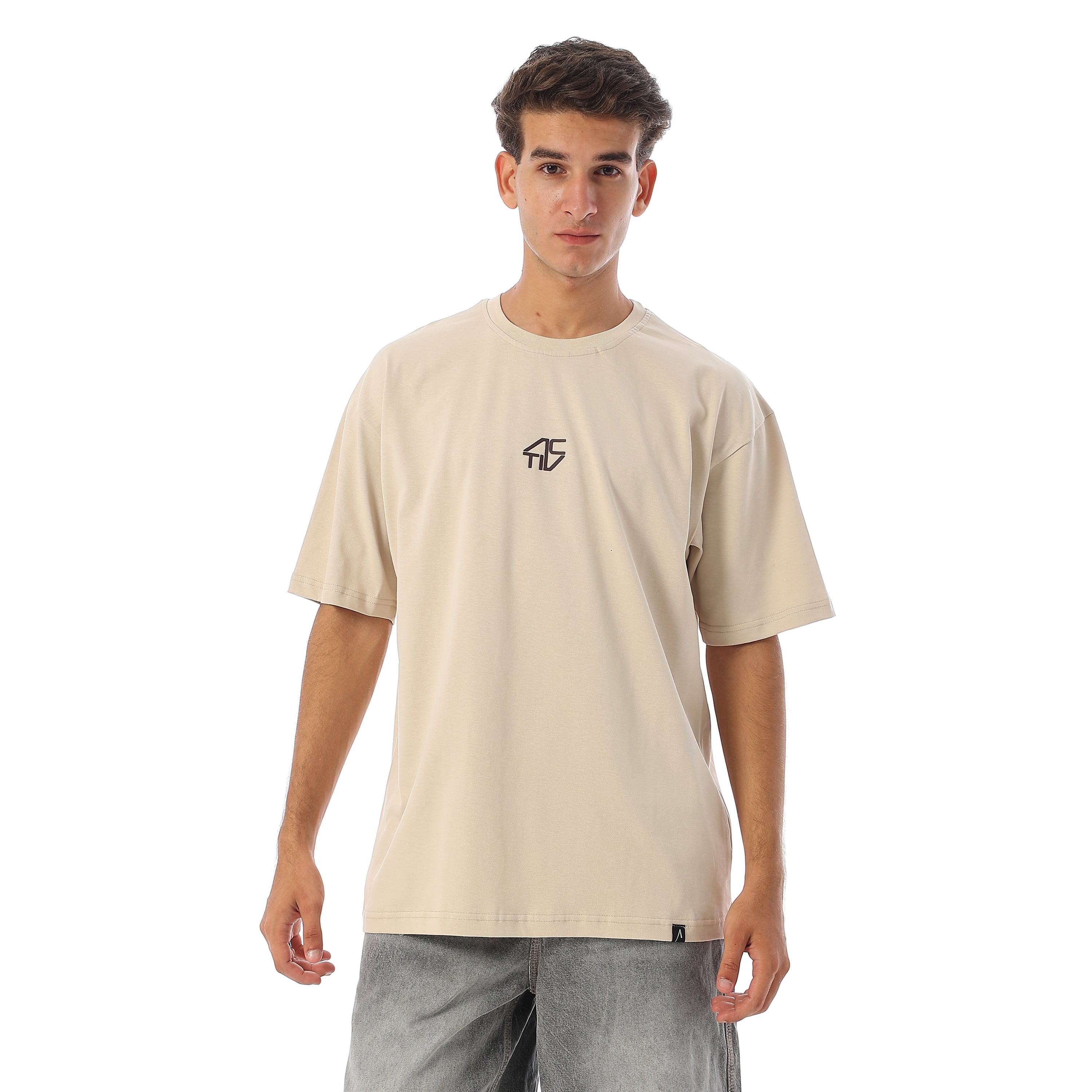 SPLIT LOGO PRINT BASIC T-SHIRT - BEIGE
