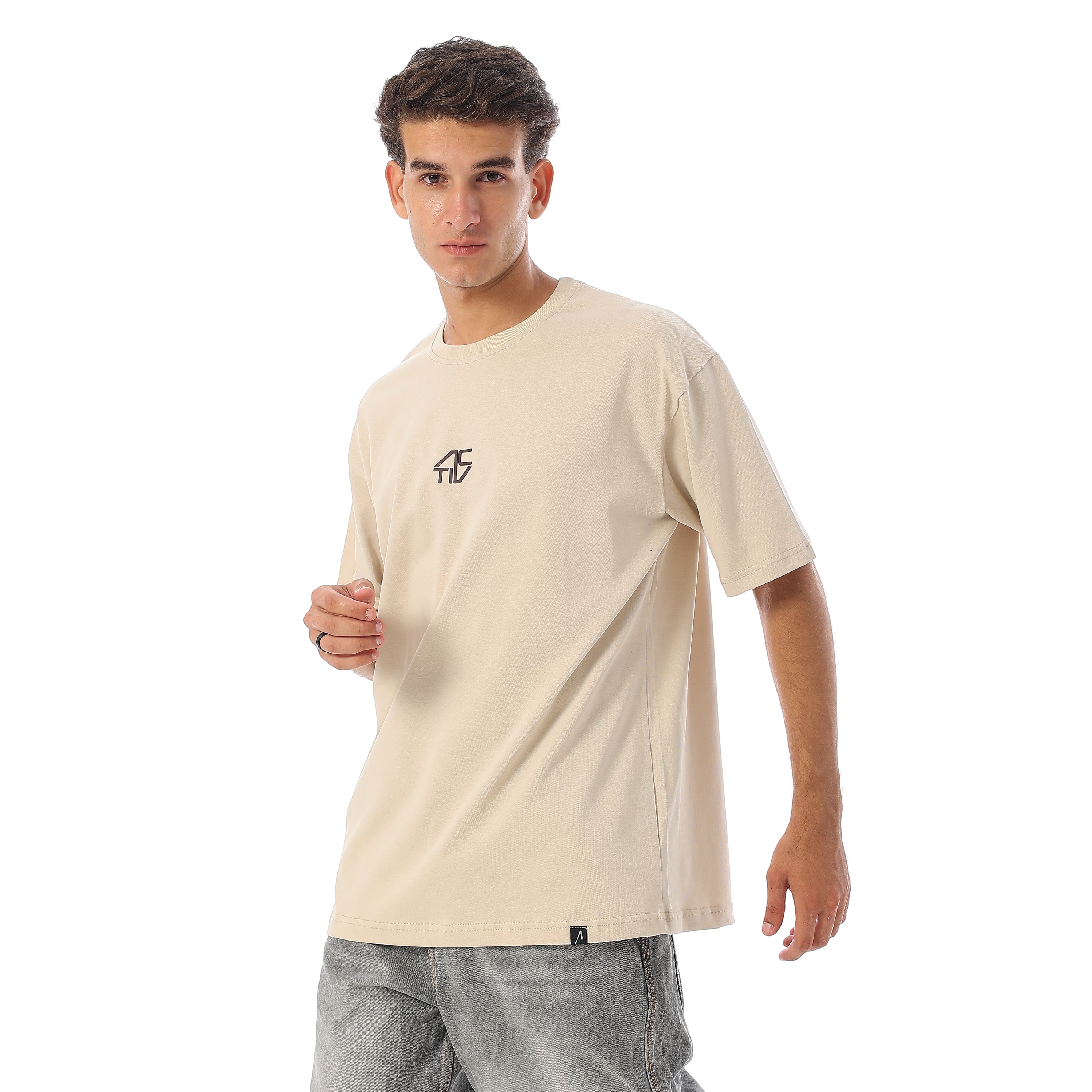 SPLIT LOGO PRINT BASIC T-SHIRT - BEIGE