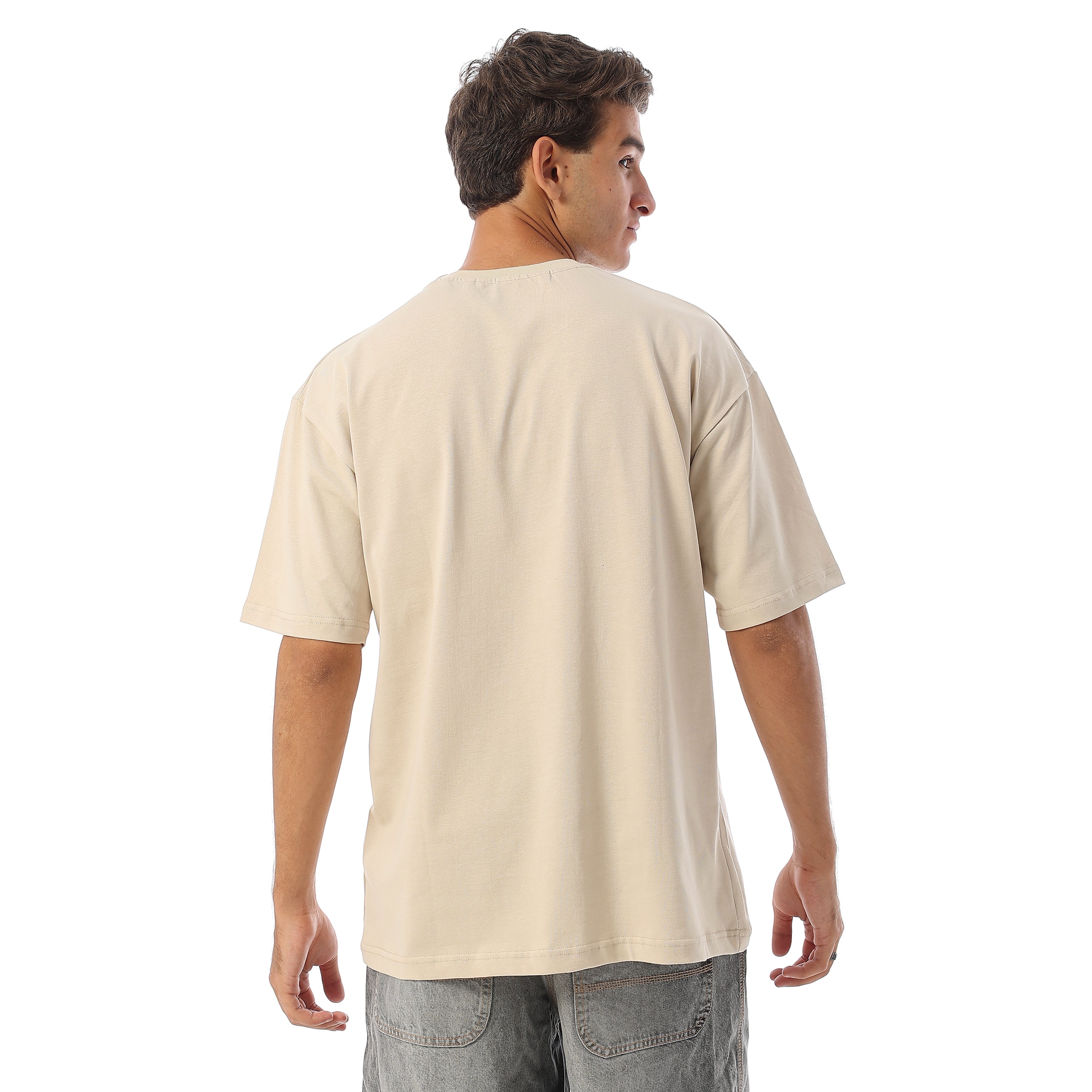 SPLIT LOGO PRINT BASIC T-SHIRT - BEIGE