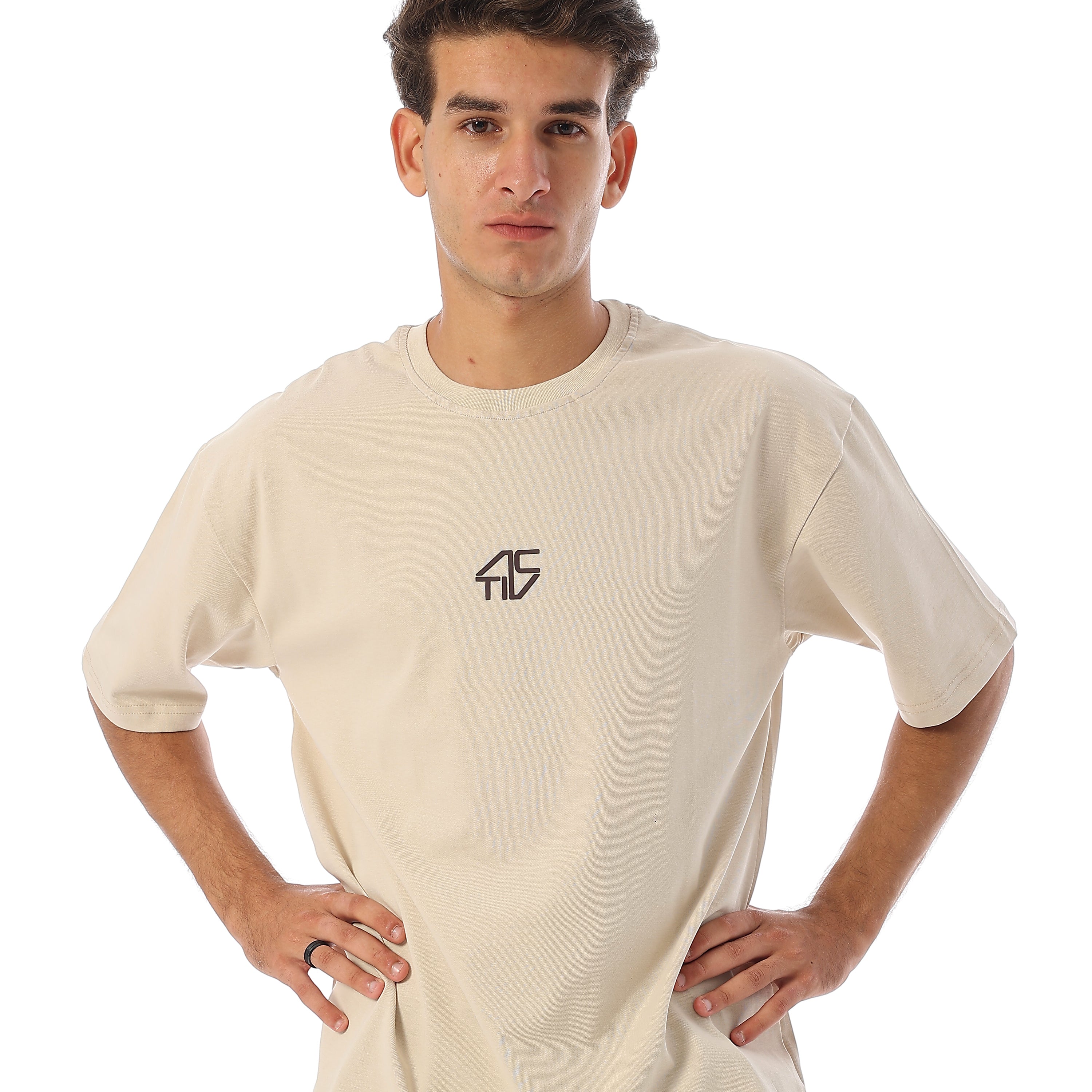 SPLIT LOGO PRINT BASIC T-SHIRT - BEIGE