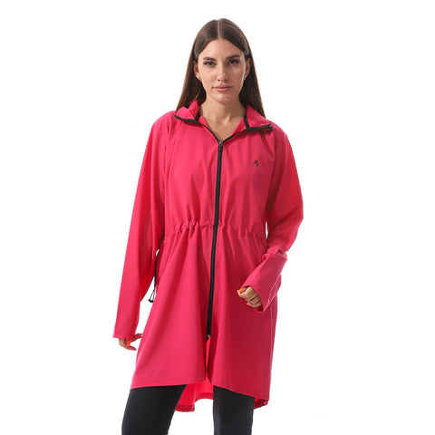 LONG DRAWSTRING HOODED JACKET - FUCHSIA