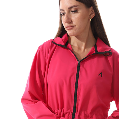 LONG DRAWSTRING HOODED JACKET - FUCHSIA