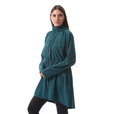 LONG DRAWSTRING HOODED JACKET - TURQUOIS