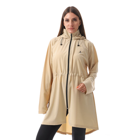 LONG DRAWSTRING HOODED JACKET - BEIGE