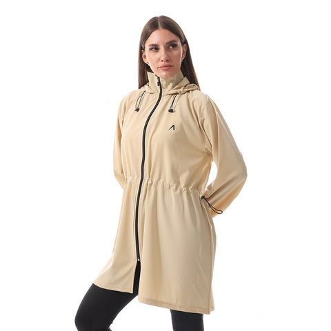 LONG DRAWSTRING HOODED JACKET - BEIGE