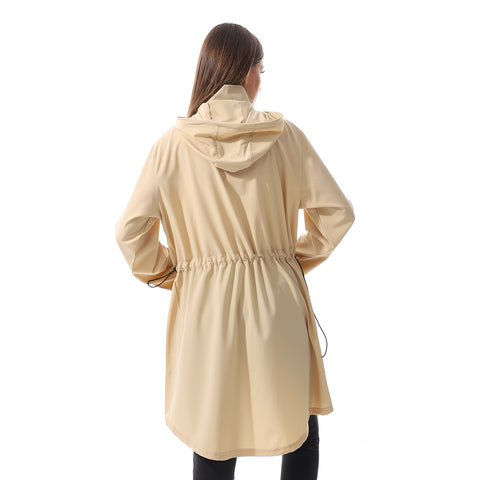 LONG DRAWSTRING HOODED JACKET - BEIGE