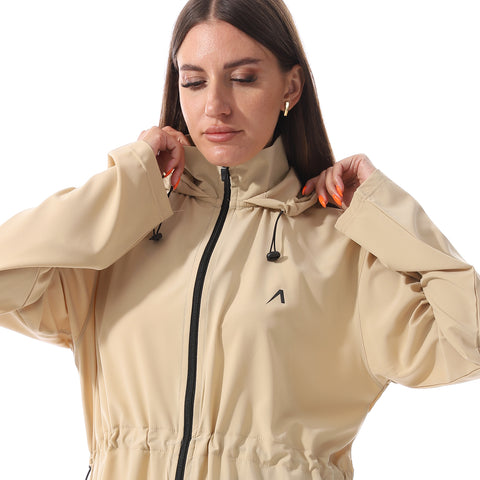 LONG DRAWSTRING HOODED JACKET - BEIGE