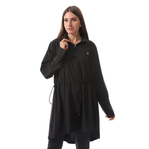 LONG DRAWSTRING HOODED JACKET - BLACK