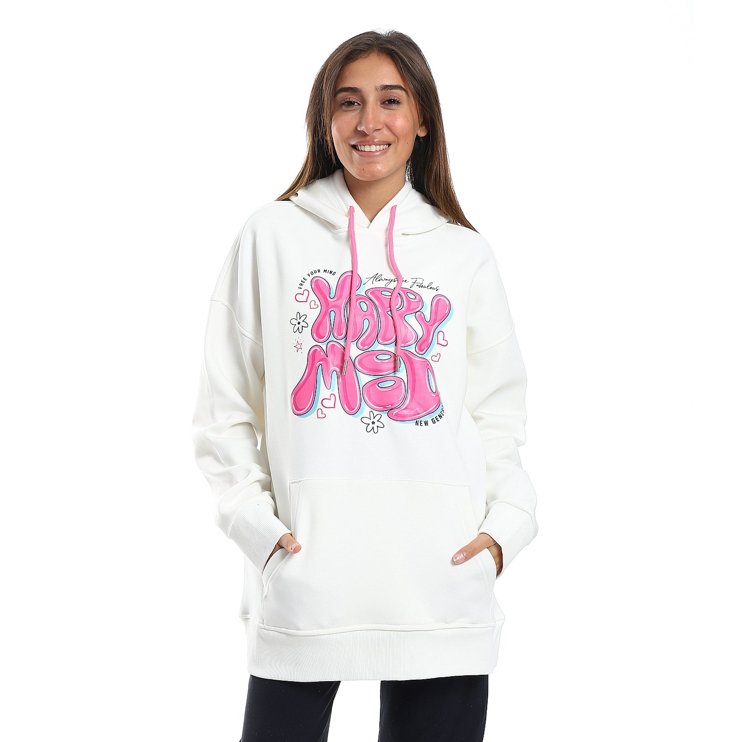 HAPPY MOOD PRINTED HOODIE - OFF WHIT 