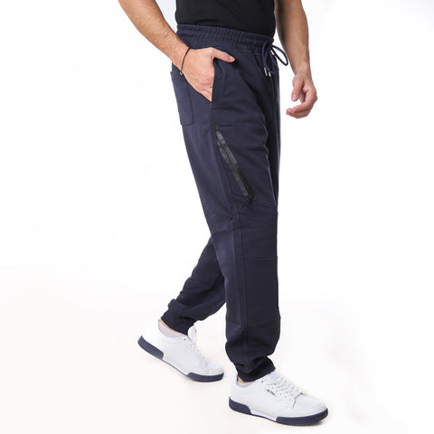 SWEATPANTS WITH LEATHER ZIPPER - D.BLUE